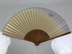 Japanese Paper Folding Fan Sensu Vtg Bamboo Frame Beige Purple Hatch Mark 4D971