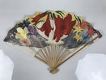 Japanese Paper Folding Fan Sensu Vtg Bamboo Frame Flowers Lilies Red 4D991