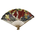 Japanese Paper Folding Fan Sensu Vtg Bamboo Frame Flowers Lilies Red 4D991