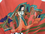 Japanese Paper Folding Fan Sensu Vtg Bamboo Frame Red Kimono Woman Flute 5D26