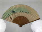 Japanese Paper Folding Fan Sensu Vtg Bamboo Frame Riverside Boats Green 4D975