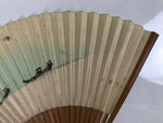 Japanese Paper Folding Fan Sensu Vtg Bamboo Frame Riverside Boats Green 4D975