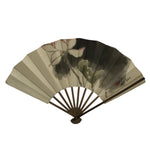 Japanese Paper Folding Fan Sensu Vtg Bamboo Frame White Flower Mountain 5D30