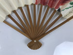 Japanese Paper Folding Fan Sensu Vtg Flower Red Green Bamboo Frame 4D992