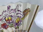 Japanese Paper Folding Fan Sensu Vtg Flowers Drawing Purple Bamboo Frame 4D993