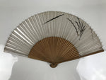 Japanese Paper Folding Fan Vtg Sensu Bamboo Frame Black Grass Plants Silver 5D14