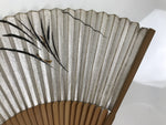 Japanese Paper Folding Fan Vtg Sensu Bamboo Frame Black Grass Plants Silver 5D14