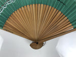Japanese Paper Folding Fan Vtg Sensu Bamboo Frame Teal White Red Stripe 5D17