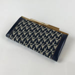 Japanese Pleather Woven Fabric Clutch Wallet Vtg Gamaguchi Clasp Blue Beige KB84
