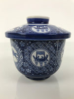 Japanese Porcelain Lidded Bowl Mushiwan Vtg White Blue Horse Boat Sometsuke Y454