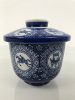 Japanese Porcelain Lidded Bowl Mushiwan Vtg White Blue Horse Boat Sometsuke Y454