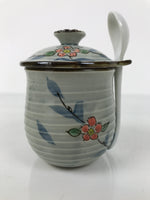 Japanese Porcelain Lidded Cup w/Spoon Pink Cherry Blossom Blue Container Y488