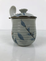 Japanese Porcelain Lidded Cup w/Spoon Pink Cherry Blossom Blue Container Y488