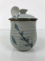 Japanese Porcelain Lidded Cup w/Spoon Pink Cherry Blossom Blue Container Y488