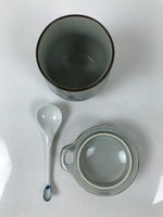 Japanese Porcelain Lidded Cup w/Spoon Pink Cherry Blossom Blue Container Y488