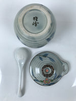 Japanese Porcelain Lidded Cup w/Spoon Pink Cherry Blossom Blue Container Y488