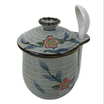 Japanese Porcelain Lidded Cup w/Spoon Pink Cherry Blossom Blue Container Y488
