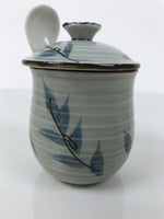 Japanese Porcelain Lidded Cup w/Spoon Pink Cherry Blossom Blue Container Y489
