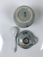 Japanese Porcelain Lidded Cup w/Spoon Pink Cherry Blossom Blue Container Y489