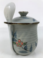 Japanese Porcelain Lidded Cup w/Spoon Pink Cherry Blossom Blue Container Y492