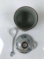 Japanese Porcelain Lidded Cup w/Spoon Pink Cherry Blossom Blue Container Y492