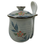 Japanese Porcelain Lidded Cup w/Spoon Pink Cherry Blossom Blue Container Y492