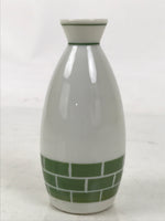 Japanese Porcelain Sake Bottle Tokkuri Vtg White Green Line Brick Pattern TS824