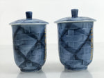 Japanese Porcelain Yunomi Lidded Tea Cup Pair Vox Records Blue Gold W/ Box PX736