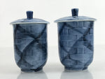 Japanese Porcelain Yunomi Lidded Tea Cup Pair Vox Records Blue Gold W/ Box PX736