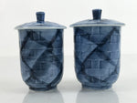Japanese Porcelain Yunomi Lidded Tea Cup Pair Vox Records Blue Gold W/ Box PX736