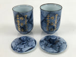 Japanese Porcelain Yunomi Lidded Tea Cup Pair Vox Records Blue Gold W/ Box PX736