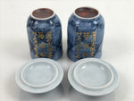 Japanese Porcelain Yunomi Lidded Tea Cup Pair Vox Records Blue Gold W/ Box PX736
