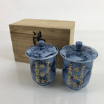 Japanese Porcelain Yunomi Lidded Tea Cup Pair Vox Records Blue Gold W/ Box PX736