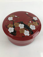 Japanese Resin Lacquer Replica Lidded Bento Lunch Box Vtg Round Plum Red L220