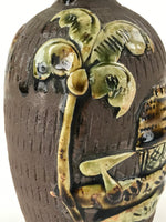 Japanese Sake Bottle Ceramic Tokkuri Vtg Tropical Village Palm Tree Brown TS602