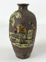Japanese Sake Bottle Ceramic Tokkuri Vtg Tropical Village Palm Tree Brown TS602
