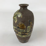 Japanese Sake Bottle Ceramic Tokkuri Vtg Tropical Village Palm Tree Brown TS602