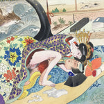 Japanese Shunga Art Vtg Handpainted Silk Kimono Waves Bird Blue FL509