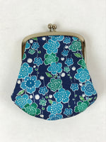 Japanese Silk Coin Purse Vtg Change Pouch Gamaguchi Clasp Blue Flowers KB72