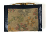 Japanese Silk Fabric Wallet Vtg Gamaguchi Clasp Pleather Floral Blue Brown KB86