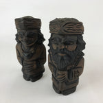 Japanese Wooden Ainu Nipopo Statue Vtg 2pc Set Okimono Hokkaido Brown AB108