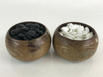 Japanese Go Stone Goishi Game Piece Set Vtg Brown Bowl Black White GO79