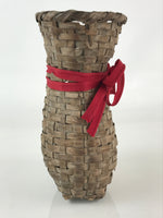 Japanese Hand Woven Vertical Dried Bamboo Basket Kago Vtg Red Ribbon B205