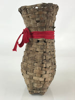 Japanese Hand Woven Vertical Dried Bamboo Basket Kago Vtg Red Ribbon B205