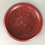 Japanese Wood Lacquer Plate Replica Vtg Floral Carving Round Red Black QT57